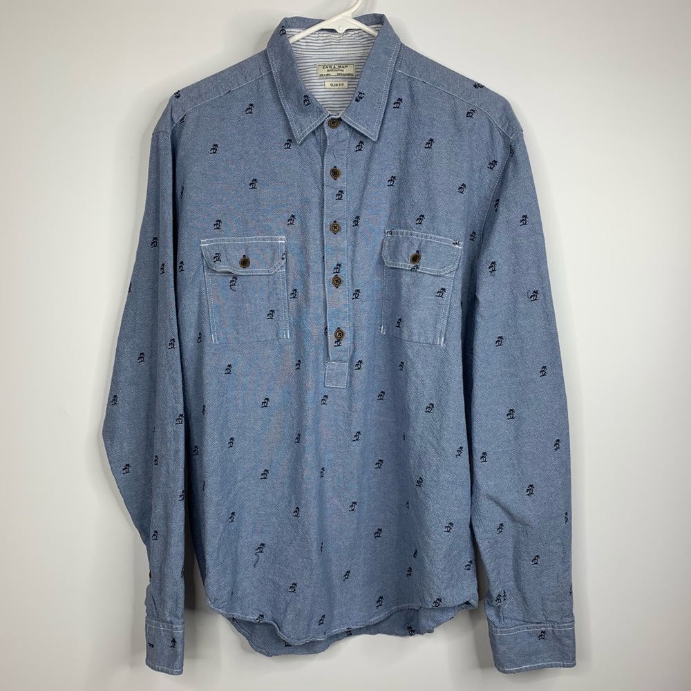 Zara Man Denim Popover Shirt XL Pockets Trees W